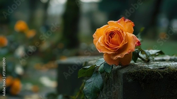 Fototapeta Vibrant Rose Resting on Mossy Stone in a Tranquil Garden, Emphasizing Natural Beauty and Serenity