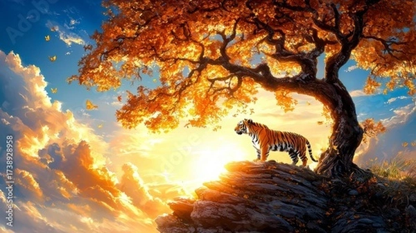 Obraz Majestic tiger gazing at sunset serene nature scene vibrant sky tranquil environment artistic perspective