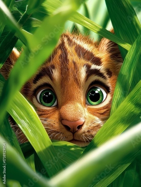 Obraz Curious baby tiger peeking through lush grass jungle illustration vibrant environment close-up wildlife enthusiasm
