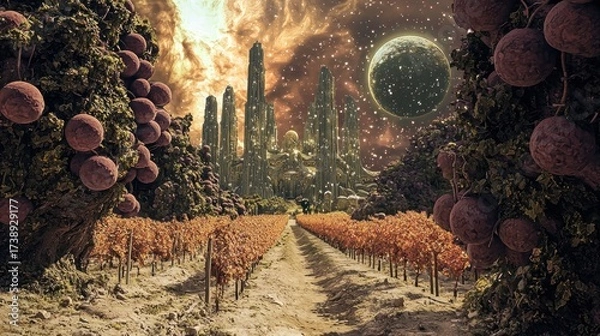 Fototapeta Surreal Sci-Fi Fantasy Landscape with Futuristic Glowing City, Alien Vineyard, and Cosmic Sky with Distant Planet.