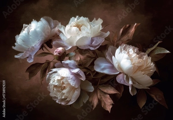 Obraz A bouquet of delicate, cream and blush-toned peonies, arranged in a dark, textured background, creates a mood of understated elegance.