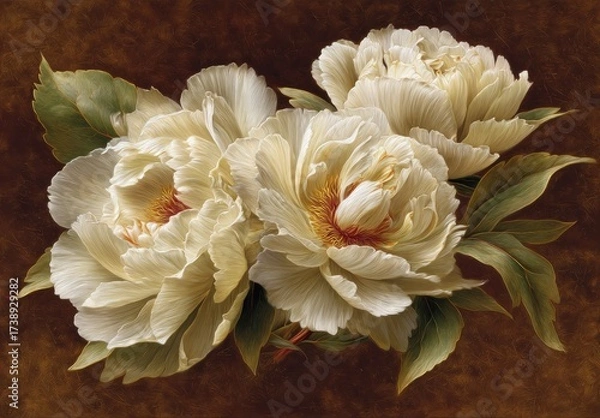 Obraz A detailed floral still life showcases three exquisite peonies with delicate cream-colored petals and subtle reddish-orange centers, set against a rich brown background, creating a serene and elegant