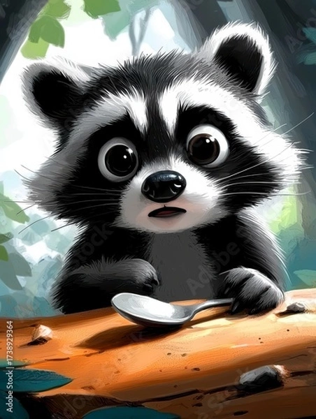 Obraz Curious raccoon with spoon in forest animal illustration playful mood nature background close-up view
