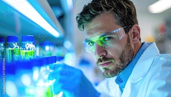 Fototapeta Scientist Analyzing Sample Through Microscope in Sterile Laboratory with Blue Lighting and Protective Eyewear Wearing White Coat and Gloves