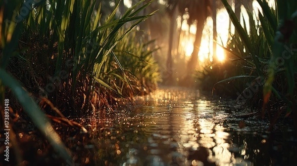 Fototapeta Sunlit jungle stream. Lush greenery surrounds a shallow, flowing stream, bathed in golden sunlight filtering through the trees