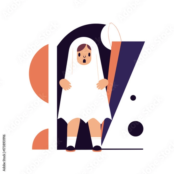 Fototapeta A cartoon child in a ghost costume stands against an abstract background of a coffin at the Helloween festival., minimalist flat vector
