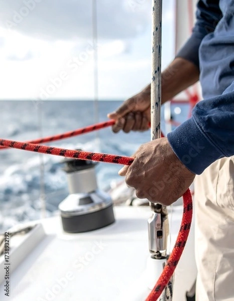 Fototapeta Person's hands pulling red rope on a sailboat