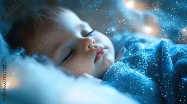 Fototapeta Close-up of a Sleeping Baby in a Dreamy Blue Blanket with Magical Sparkling Lights, Evoking Peaceful Serenity and Childhood Innocence