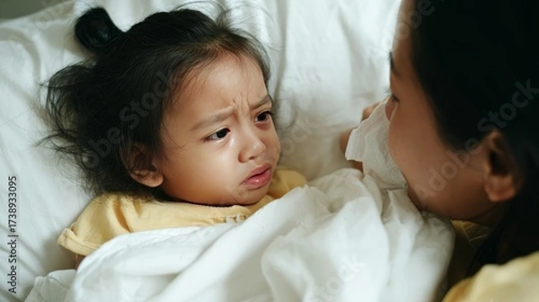 Fototapeta Close up of an Asian baby girl crying with visible tears while lying on a soft white bed, expressing strong emotion and seeking comfort and warmth from her mother in a tender home moment