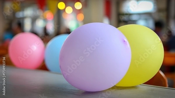 Fototapeta Close-up of pastel colored balloons decoration on a table with blurred festive background, highlighting celebration, party, event, festive mood, decoration, colorful, happiness, joy, and fun concepts