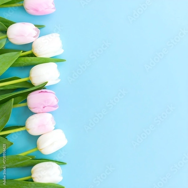 Obraz Pink and white tulips in a row on a blue background