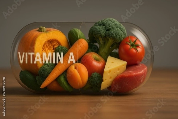 Fototapeta Metabolism support vitamin. Vibrant assortment of vegetables and fruits depicting Vitamin A in a transparent capsule.