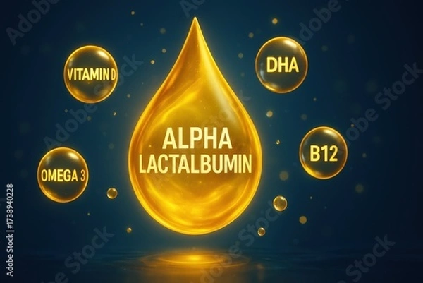 Fototapeta Metabolism support vitamin. Golden droplet with nutritional elements highlighting alpha-lactalbumin and essential vitamins for health benefits.