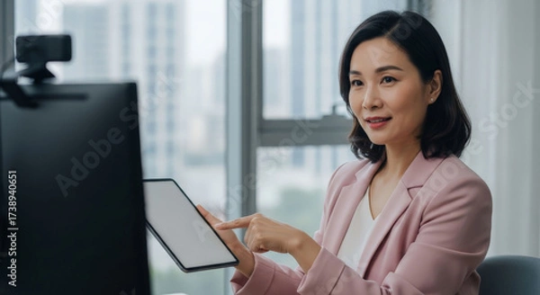 Obraz Professional woman in modern office setting demonstrates digital tablet during video call, showcasing productive digital nomads lifestyle and career focus