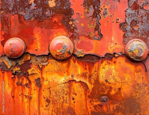 Obraz Rusty Metal Texture with Rivets in Orange and Brown Hues Detailed Corrosion Surface Close Up Abstract of Aged Material