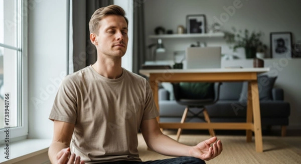 Obraz Man practicing mindfulness meditation in cozy home office, embracing digital nomads lifestyle. serene environment enhances focus, productivity, and balanced digital career