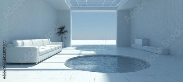 Obraz A minimalist, modern indoor space featuring a circular pool and plush white furniture, bathed in natural light.