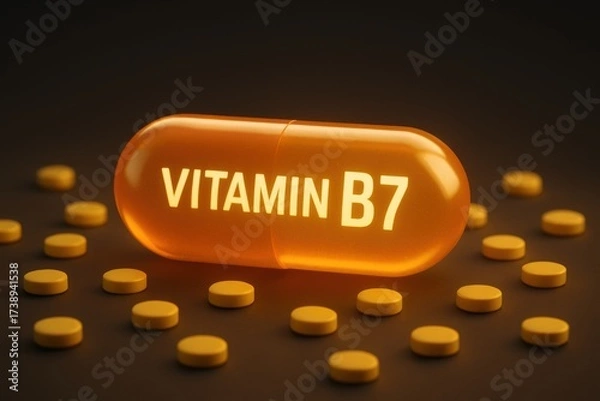 Fototapeta Metabolism support vitamin. Vitamin B7 capsule surrounded by smaller yellow tablets on a dark background.