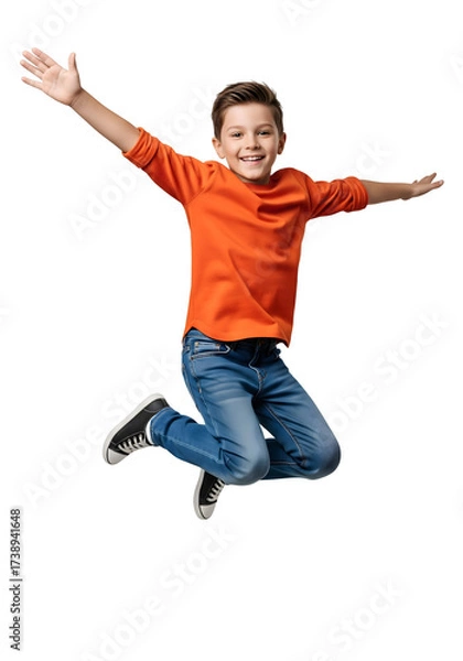 Fototapeta A happy boy jumps with joy and outstretched arms, isolated on transparent background