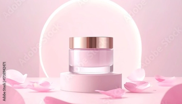 Fototapeta Elegant Pink Skincare Cream Jar with Rose Petals on a Soft Pink Background