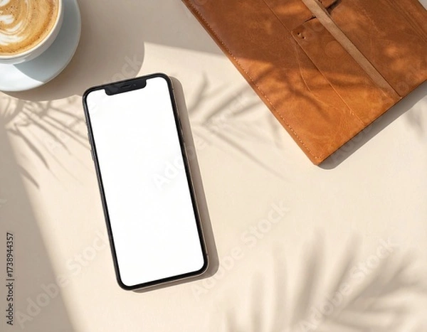 Fototapeta Overhead of Desk with Phone, Coffee, and Planner Mockup