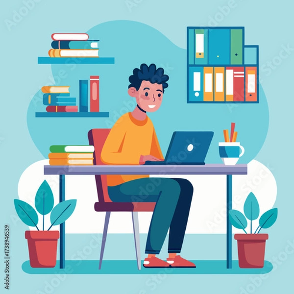 Fototapeta Young man working on a laptop at a desk with books and plants