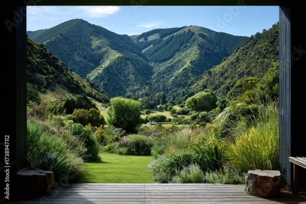 Obraz Lush green valley unfolds from a wooden deck, bathed in natural light.