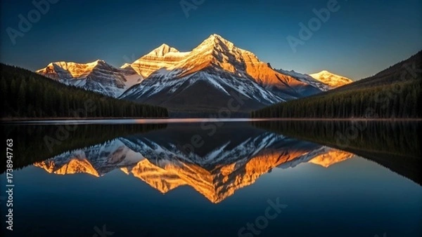 Fototapeta Snowy mountain peak reflection in calm lake at sunrise
