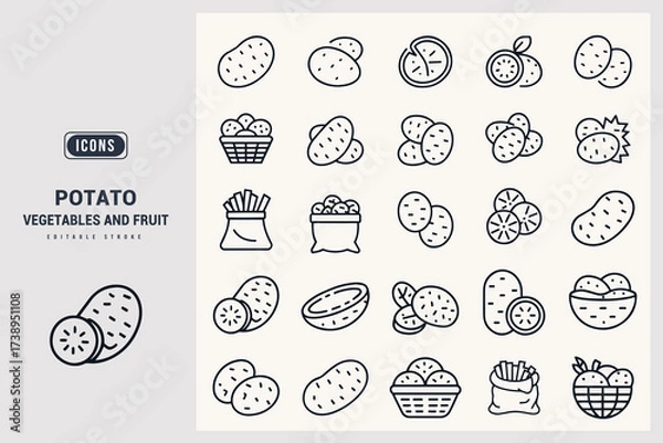 Fototapeta Collection of Delicious Root Vegetable Icons Representing Potatoes and Fruits White Background.