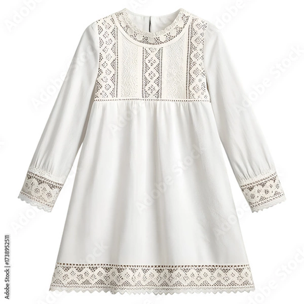 Obraz White Long Sleeve Dress with Textured Lace Bodice and Cuffs clothing fashion