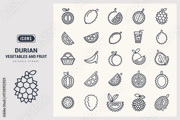 Fototapeta Collection of Durian Vegetables and Fruits Pixel Art Icons White Background.
