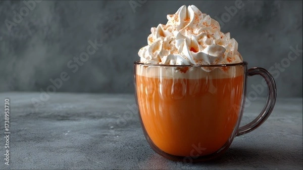 Fototapeta Delicious pumpkin spice latte in a glass mug topped with whipped cream and cinnamon on gray background