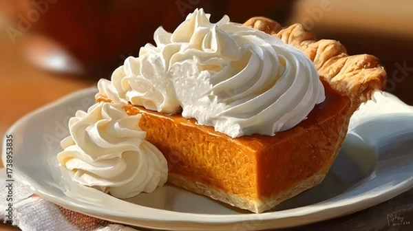 Fototapeta A slice of pumpkin pie topped with whipped cream on a white plate with soft focus background