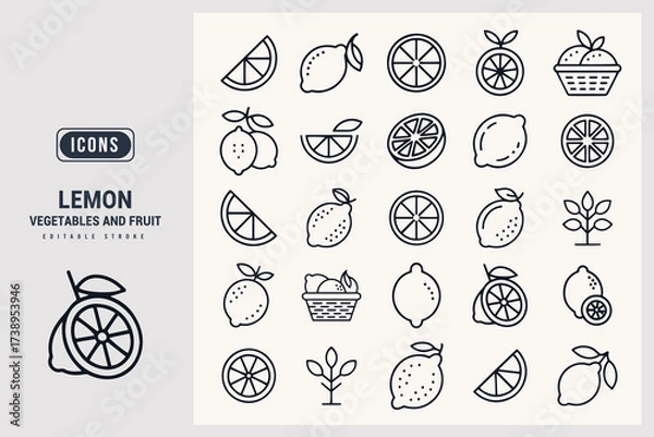 Fototapeta Collection of Fresh Lemon and Citrus Fruit Icons Representing Food and Health White Background.