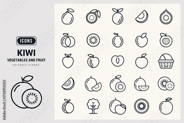 Fototapeta Outline Icons Representing Various Fruits and Vegetables Including Kiwis White Background.