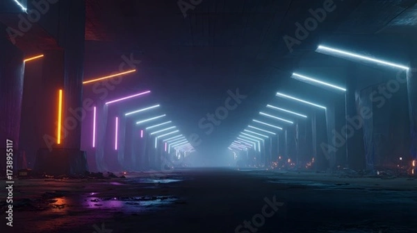 Fototapeta Abstract tunnel with neon lights, creating a futuristic and immersive atmosphere with perspective view