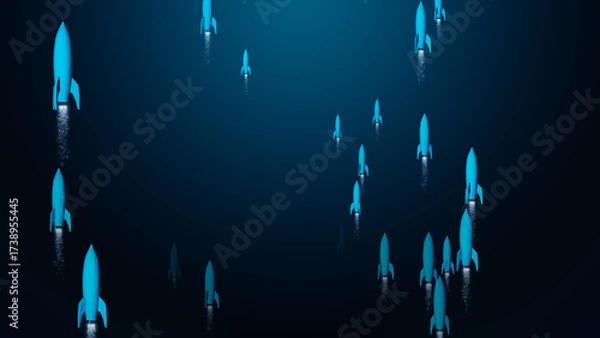 Obraz Abstract rocket launch background representing futuristic start-up momentum and business innovation with multiple spacecraft taking off into the sky