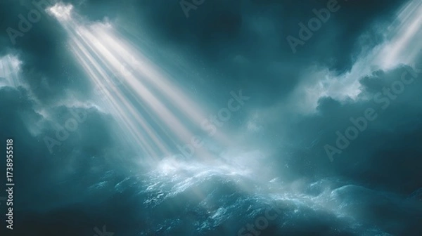 Fototapeta Dramatic ocean scene with sun rays piercing through storm clouds, creating a powerful and atmospheric effect