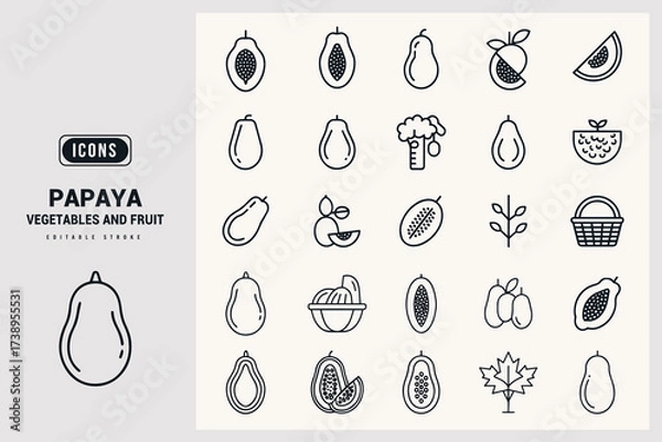 Fototapeta Set of 45 Unique Papaya Vector Line Art Icons for Design Projects White Background.