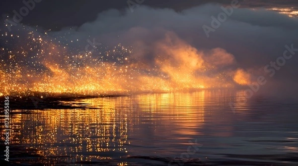 Fototapeta Dramatic display of sparks and light reflecting on the waters surface during a nighttime celebration