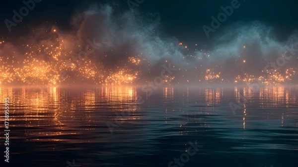Fototapeta Mystical display of sparks and light reflecting on the water, creating a dreamlike and surreal landscape