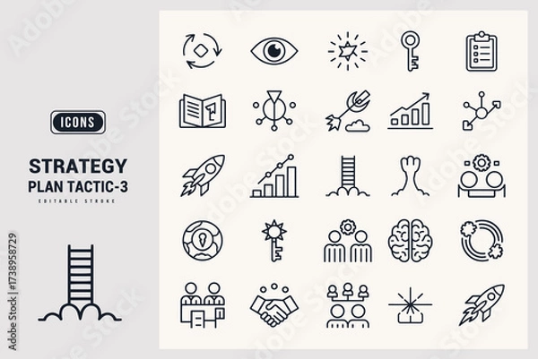 Fototapeta Collection of Icons Representing Business Strategy Planning Tactics and Concepts White Background.
