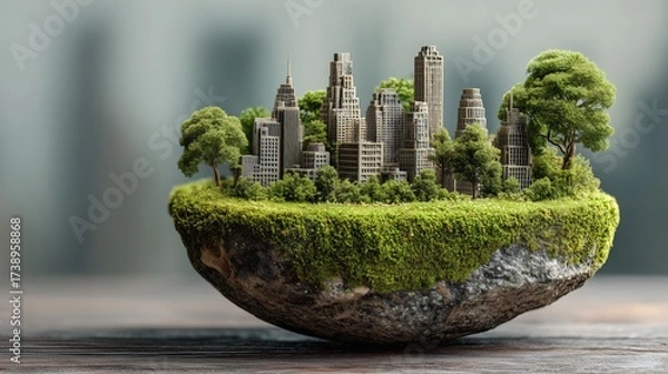 Fototapeta Half Sphere with Lush Green Moss, Trees and Miniature Skyscrapers Symbolizing Urban Development and Environmental Sustainability
