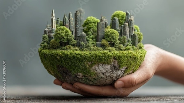 Fototapeta Hand Holding Half Globe with Green Moss, Dense Trees and Miniature City Skyline Symbolizing Sustainable Urban Future Concept
