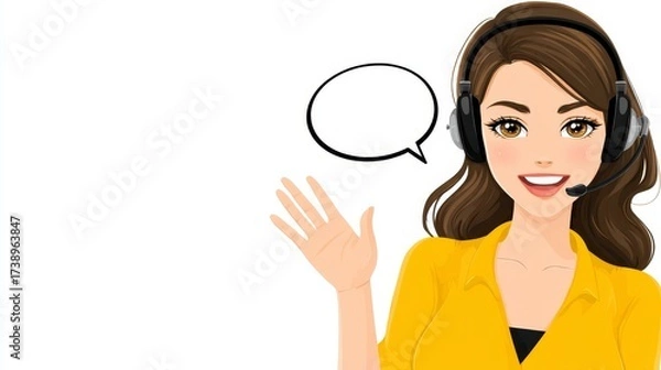 Fototapeta Woman in headphones clear communication via audio tech connected, woman speaking headphones active efficient call.