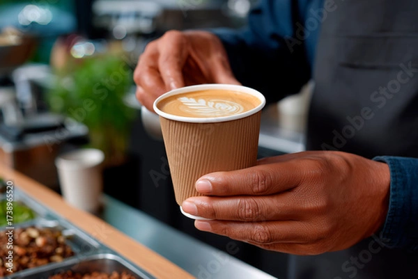 Obraz Barista presenting organic sustainable coffee with latte art
