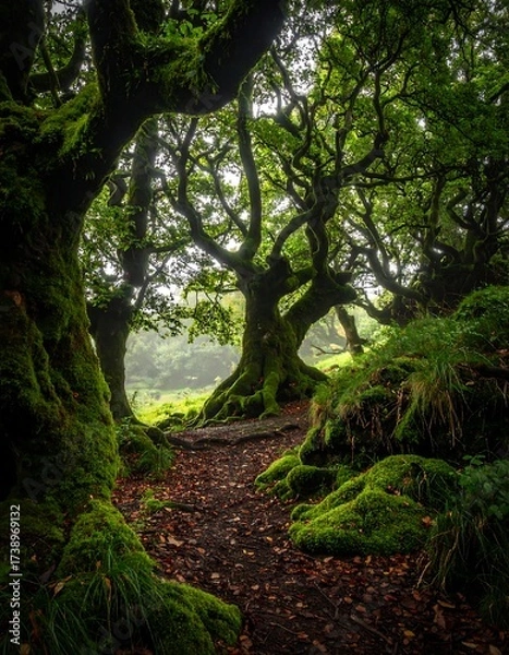Fototapeta Misty forest path through ancient trees