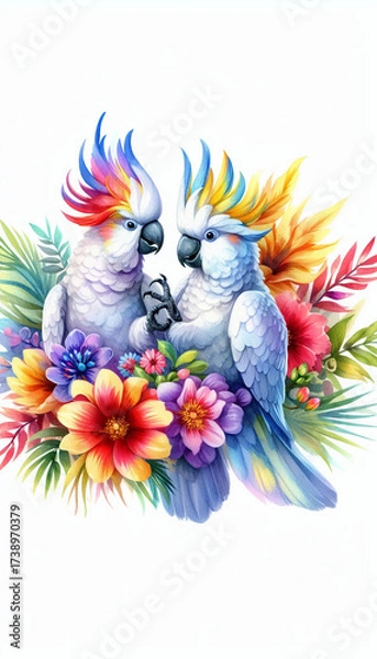 Fototapeta Affectionate Parrots Surrounded by Tropical Blooms