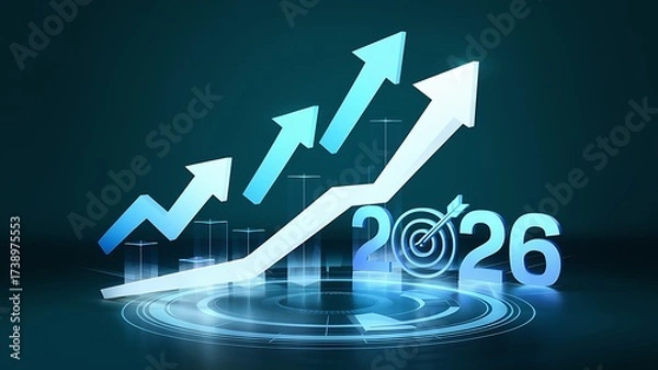 Fototapeta Businessman pointing at upward arrow and 2026 target goal icon, symbolizing future growth, business strategy, financial success, and goal achievement planning. Business new year.