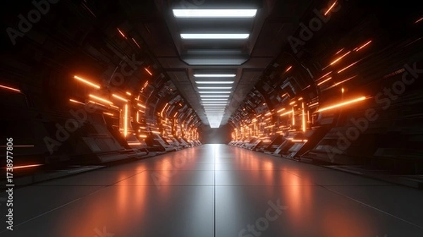 Obraz Dark futuristic tunnel features glowing orange streaks on metallic walls Bright white ceiling lights illuminate a